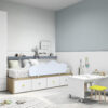 Dormitorio infantil con cama con cajones,armario y zona de estudio combinado en blanco,madera y azul