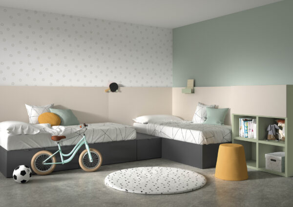 dormitorio juvenil combinada en tono arena y gris oscuro diseñada con dos camas cruzadas y estanteria