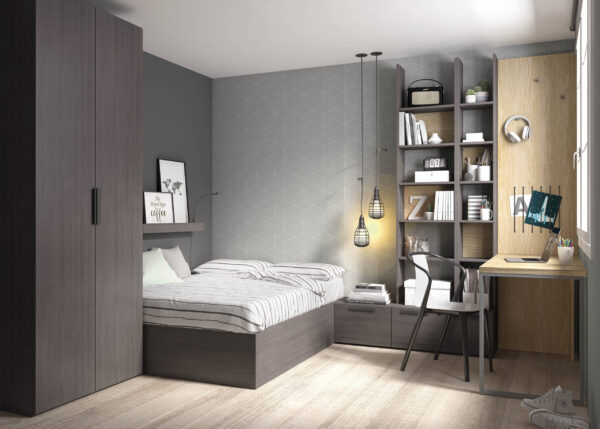 Habitacion juvenil con cama grande,armario,zona de estanterias y escritorio gris