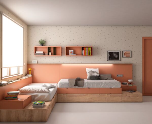 Habitacion juvenil combinada en tonos naranjas con dos camas cruzadas con almacenaje
