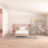Dormitorio infantil con cama individual,armario,zona de estudio y libreria combinado en rosa y laminado inmitación madera