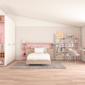 Dormitorio infantil con cama individual,armario,zona de estudio y libreria combinado en rosa y laminado inmitación madera