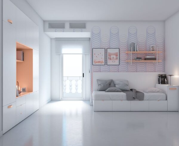 dormitorio juvenil blanco con cama nido,estanteria colgada y armario a medida