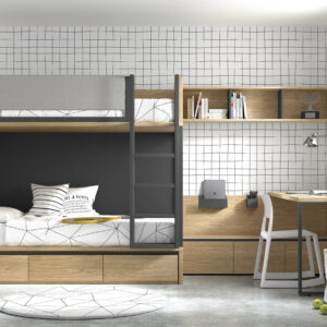 Dormitorio infantil o juvenil diseñado con una litera fija con cajones abajo,almacenaje de cajones y escritorio a medida combinada en madera y gris oscuro
