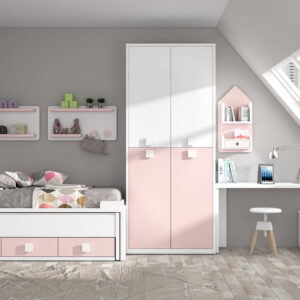 Dormitorio infantil con cama compacta combinado en blanco y rosa con un armario de 2 puertas y zona de estudio