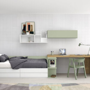 dormitorio juvenil combinado en blanco,madera y verde diseñado con una cama con cajones,escritorio y modulos colgados a la pared