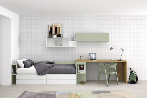 dormitorio juvenil combinado en blanco,madera y verde diseñado con una cama con cajones,escritorio y modulos colgados a la pared