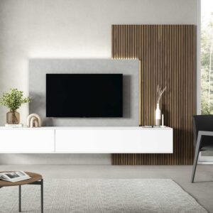 mueble de salon combinado en blanco,gris y palilleria en madera.mueble tv colgado con un panel para la televisión y palilleria