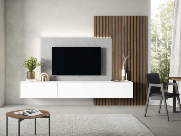 mueble de salon combinado en blanco,gris y palilleria en madera.mueble tv colgado con un panel para la televisión y palilleria