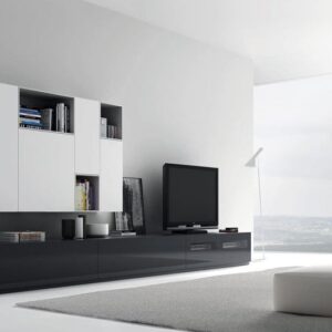 mueble de salon modular moderno combinado por una parte baja con cajones negra y modulos colgados con hueco blanco