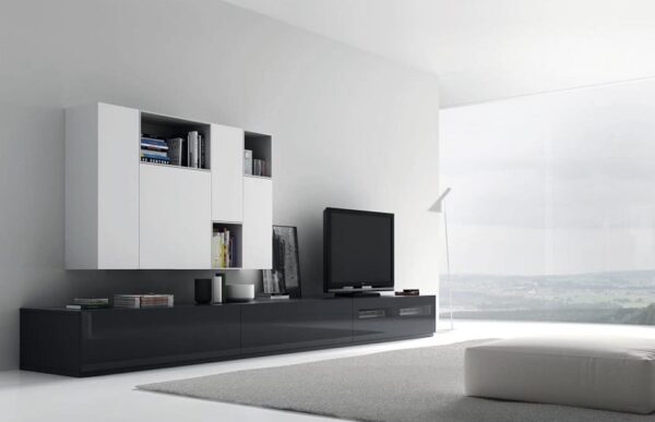 mueble de salon modular moderno combinado por una parte baja con cajones negra y modulos colgados con hueco blanco