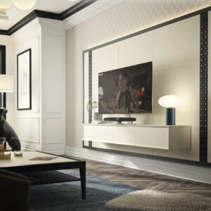 mueble de salón con panel tv y modulo colgado de puertas con tachuelas laterales