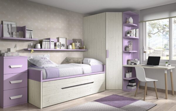 dormitorio con cama nido canape,chiffonier,armario de rincón y mesa de estudio