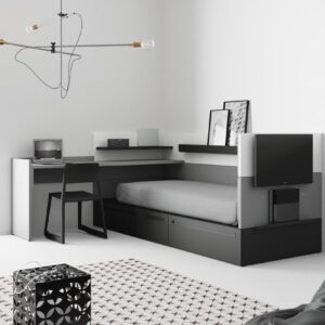 Dormitorio juvenil con cama nido con cajones en color gris vulcano y mesa de estudio extraíble