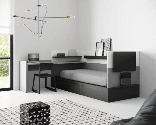 Dormitorio juvenil con cama nido con cajones en color gris vulcano y mesa de estudio extraíble