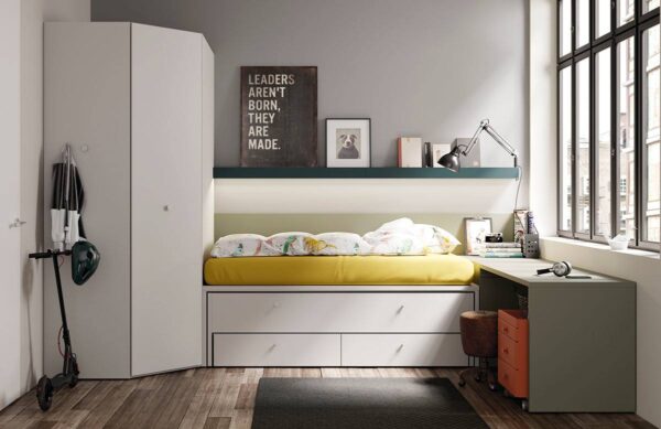 Habitación juvenil ideal para adolescentes en colores neutros con armario,cama compacto y escritorio