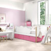 habitacion infantil con cama con jugueteros combinado en rosa y blanco y mesa de escritorio baja infantil