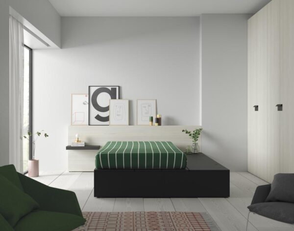 Dormitorio juvenil con cama tatami gris vulcano y cabecero liso con estante