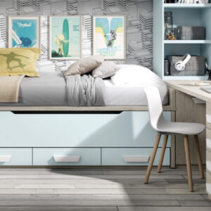 cama compacta azul y blanca con cajones de
