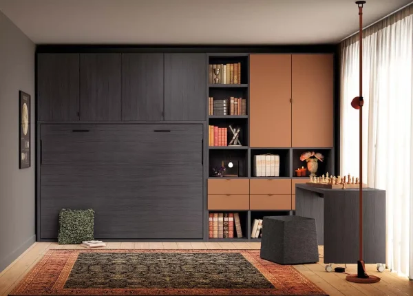 cama abatible horizontal con armario encima y zona de estanteria y escritorio en gris oscuro y naranja