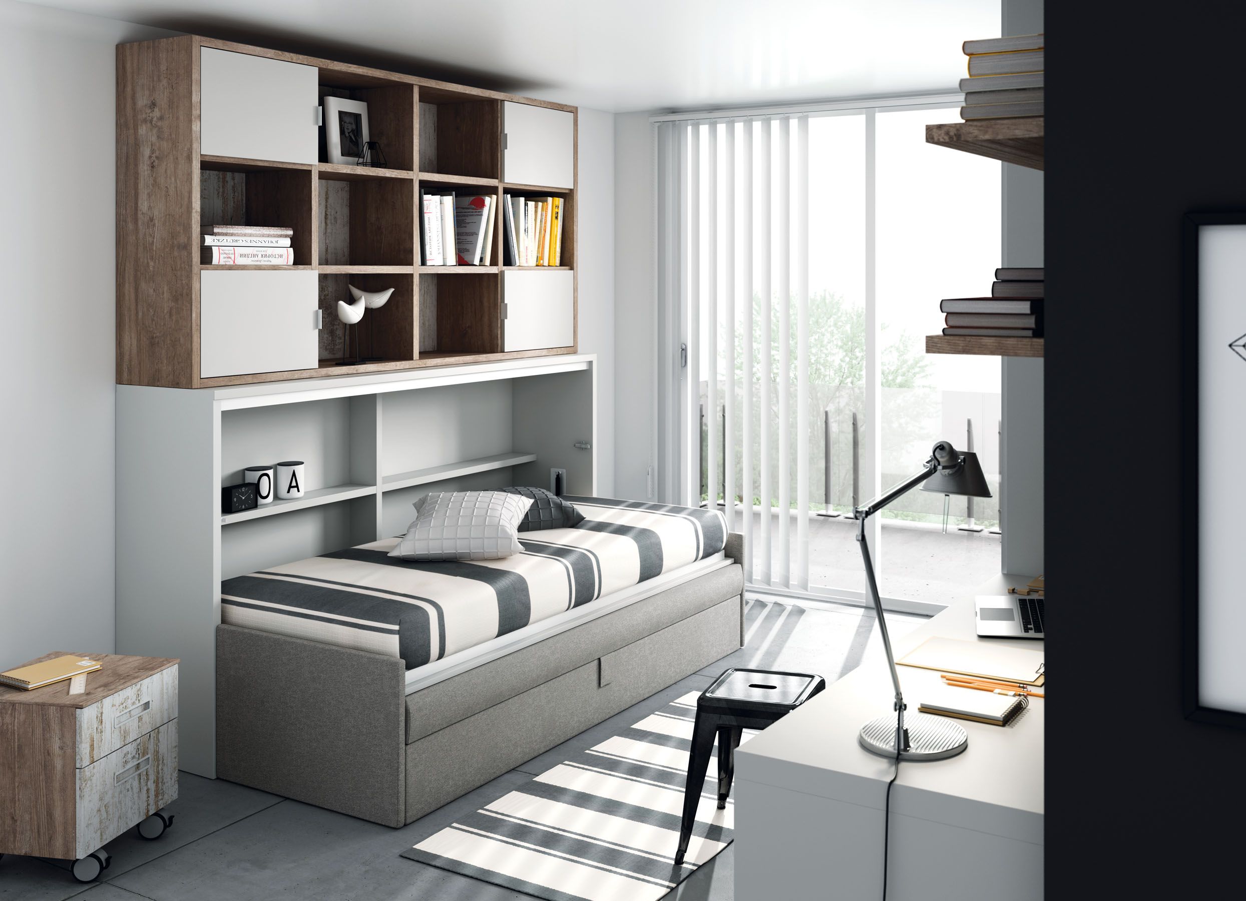 Litera abatible horizontal con sofá, cama nido y 2 escritorios.