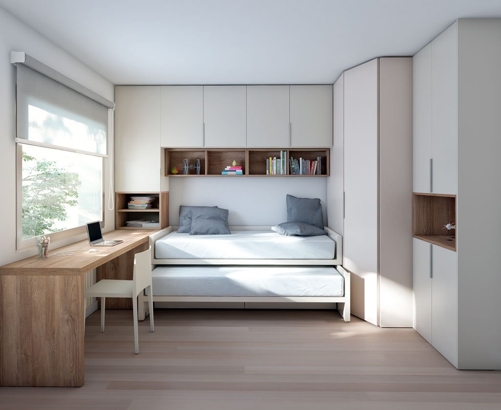 Dormitorio juvenil con cama nido con cajones, armario esquinero y escritorio