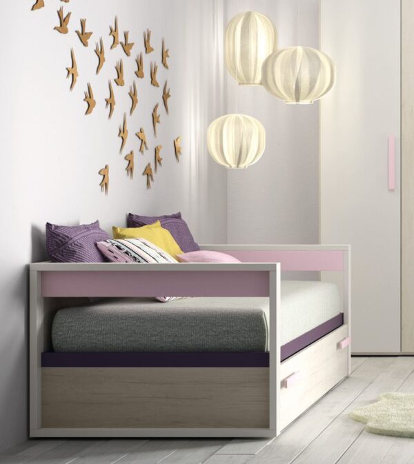 cama nido con dos camas rosa y madera clara