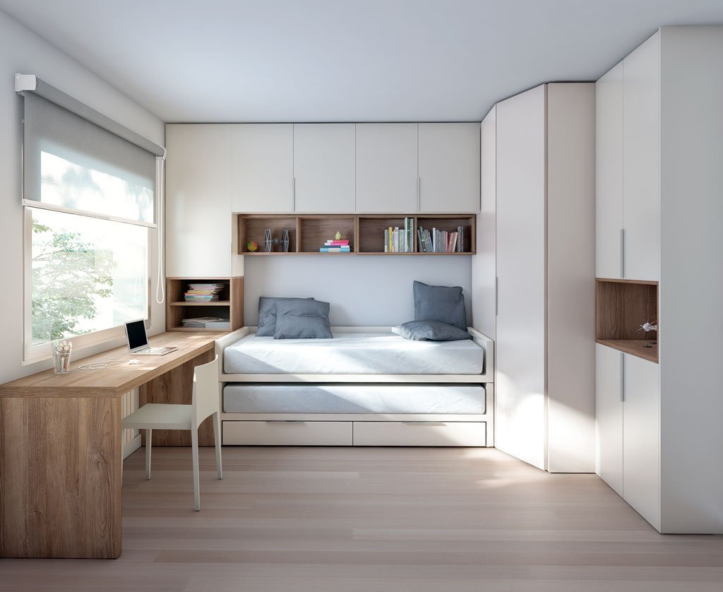 Habitación juvenil con cama nido, armario, y escritorio con arcón extraíble