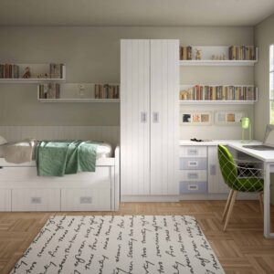 Dormitorio infantíl con cama compacta lacada blanca y azul con dos camas y cajones abajo,armario,estanterias y zona de estudio