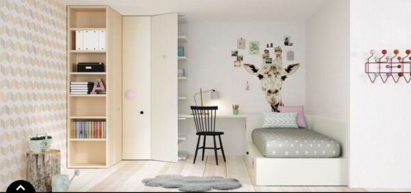 Dormitorio juvenil con armario de rincón blanco,zona de estudio y cama tipo tatami