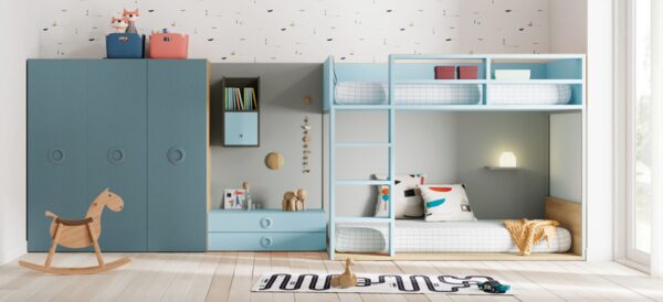 Dormitorio infantil blanco y azul con litera,armario y cajones