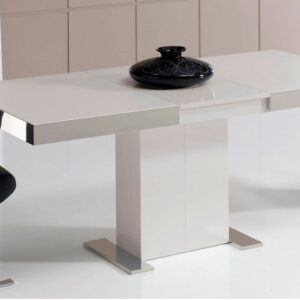 mesa de comedor extensible con pie central blanca y tapa de cristal