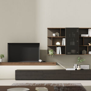 mueble salon bajo con módulos colgados y un estante colgado combinado en madera y gris oscuro