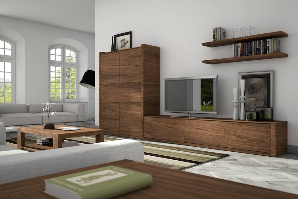 Moderno dormitorio con muebles de madera de nogal 