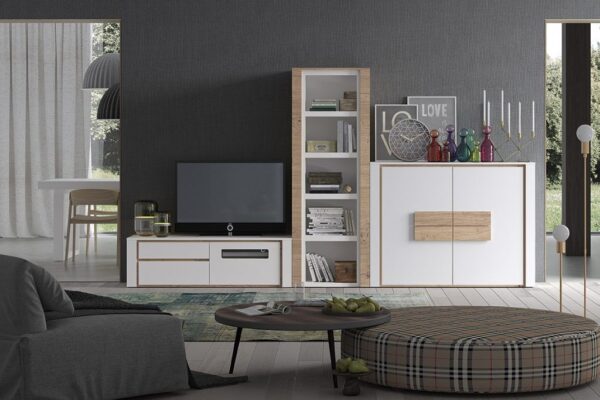 Mueble de salón para paredes de pladur distribuido con un modulo tv,estanteria y aparador blanco y madera