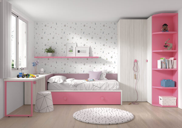 Dormitorio infantil con cama nido rosa y madera blanco con escritorio a medida y armario de rincón