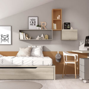 dormitorio juvenil con cama nido y escritorio combinado en tonos anaranjados y laminado madera
