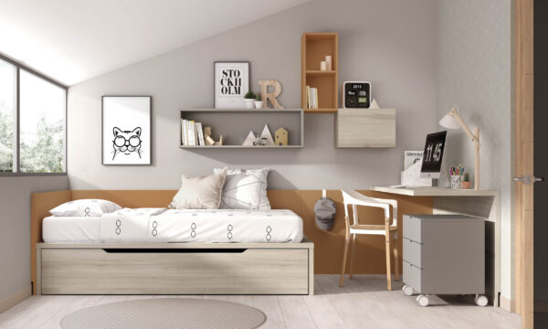 dormitorio juvenil con cama nido y escritorio combinado en tonos anaranjados y laminado madera