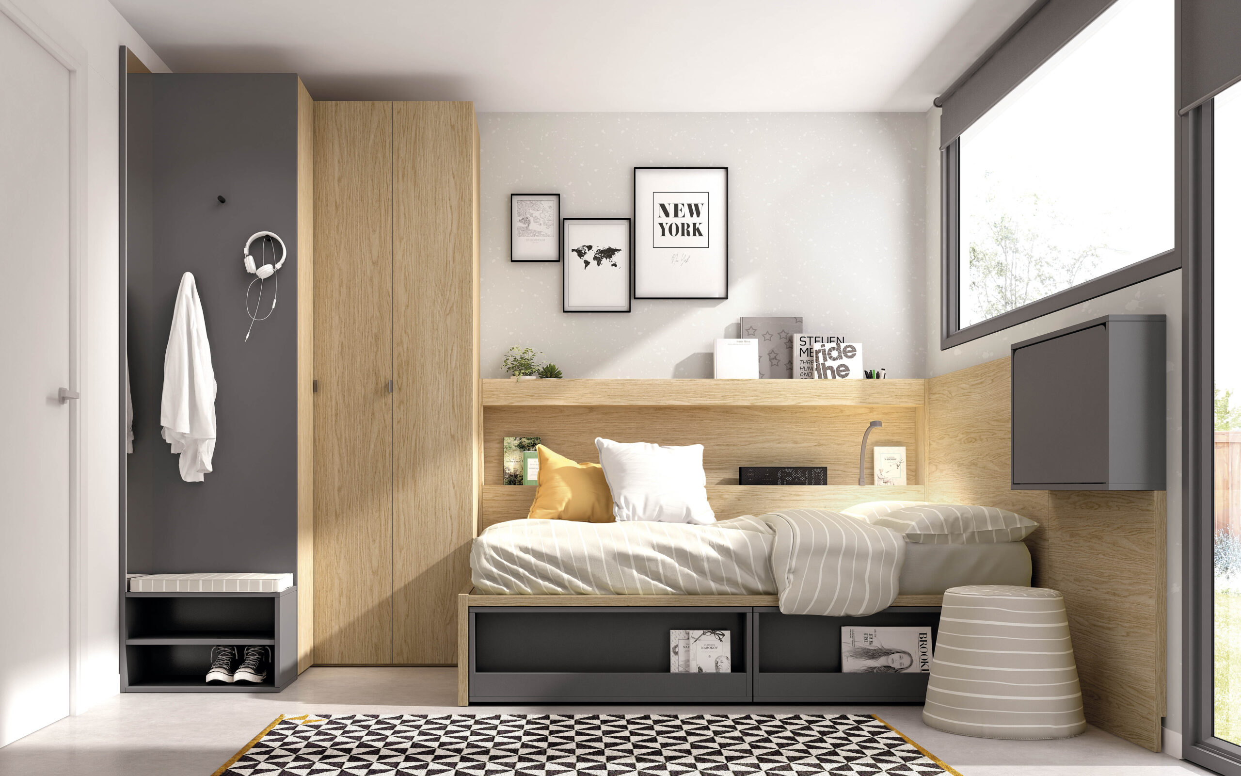 Salón cama modular tatami cajones y escritorio.
