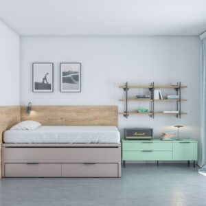 habitacion juvenil con cama compacta con dos camas de la misma medida y cajones,cabecero y trasera y modulo de cajones con estanteria encima