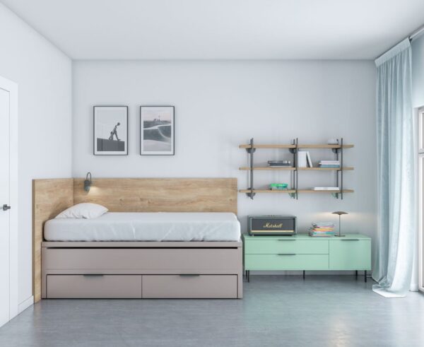habitacion juvenil con cama compacta con dos camas de la misma medida y cajones,cabecero y trasera y modulo de cajones con estanteria encima