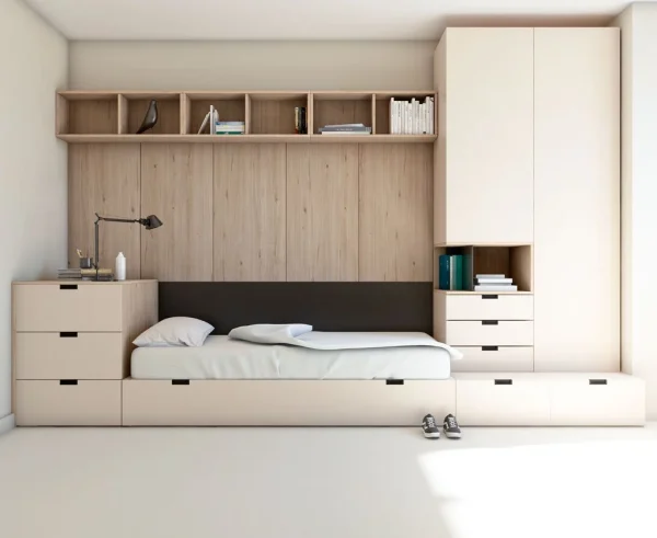 dormitorio juvenil con modulacion apilada de cama nido con dos camas,modulos de cjaones apilados,estanteria a pared y armarios con cajones y huecos