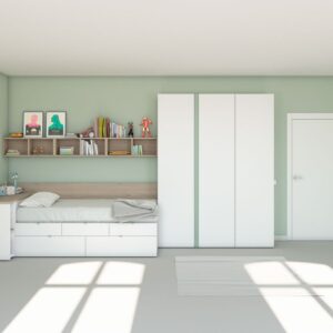 Dormitorio juvenil con cama compacta con cajones,mesa de estudio extraible y armario a medida combinado en blanco madera y verde
