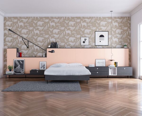 Dormitorio juvenil con cabecero corrido combinado en nude y gris oscuro con cama de 150 cms y mesillas con cajones