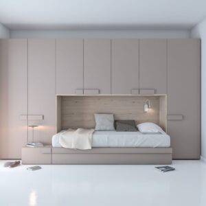dormitorio juvenil con una cama nido,armarios con mucha capacidad y puente combinado en color tortora y trasera nordico