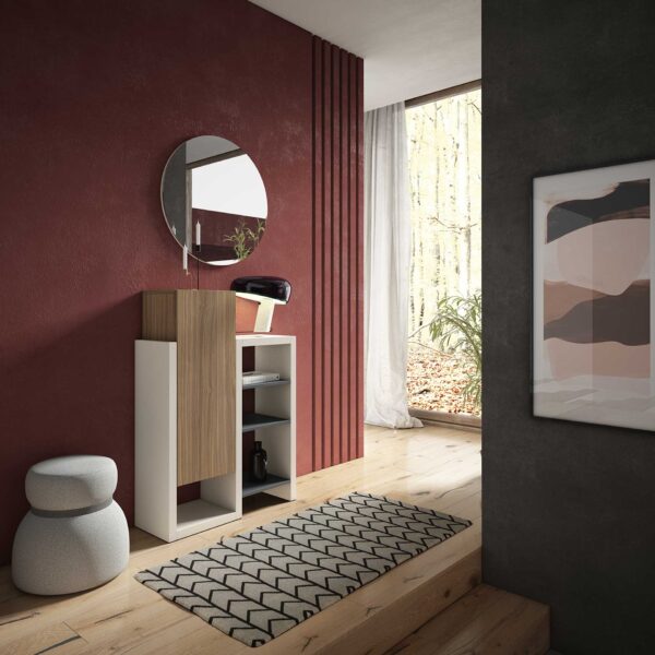 Mueble recibidor con una puerta a suelo y estanteria y con un espejo redondo encima combinado en madera y laca