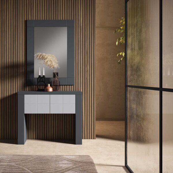 Mueble de entrada con pared de palilleria,consola a suelo con puertas y espejo rectangular