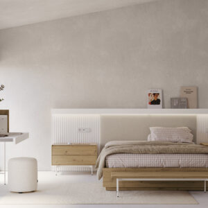 Habitación de matrimonio combinado en laminado roble y blanco con una mesilla de 2 cajones volada,mesilla con patas y cabecero con luz integrada.Mesa de trabajo extraible