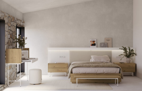 Habitación de matrimonio combinado en laminado roble y blanco con una mesilla de 2 cajones volada,mesilla con patas y cabecero con luz integrada.Mesa de trabajo extraible