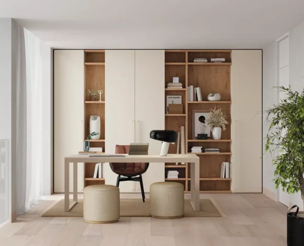 armario para despacho combinado con estanteria y puertas en laminado madera y blanco roto